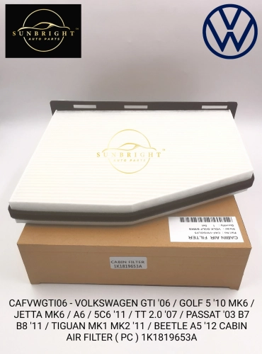 CAFVWGTI06 - VOLKSWAGEN GTI '06 / GOLF 5 '10 MK6 / JETTA MK6 / A6 / 5C6 '11 / TT 2.0 '07 / PASSAT '03 B7 B8 '11 / TIGUAN MK1 MK2 '11 / BEETLE A5 '12 CABIN AIR FILTER ( PC ) 1K1819653A