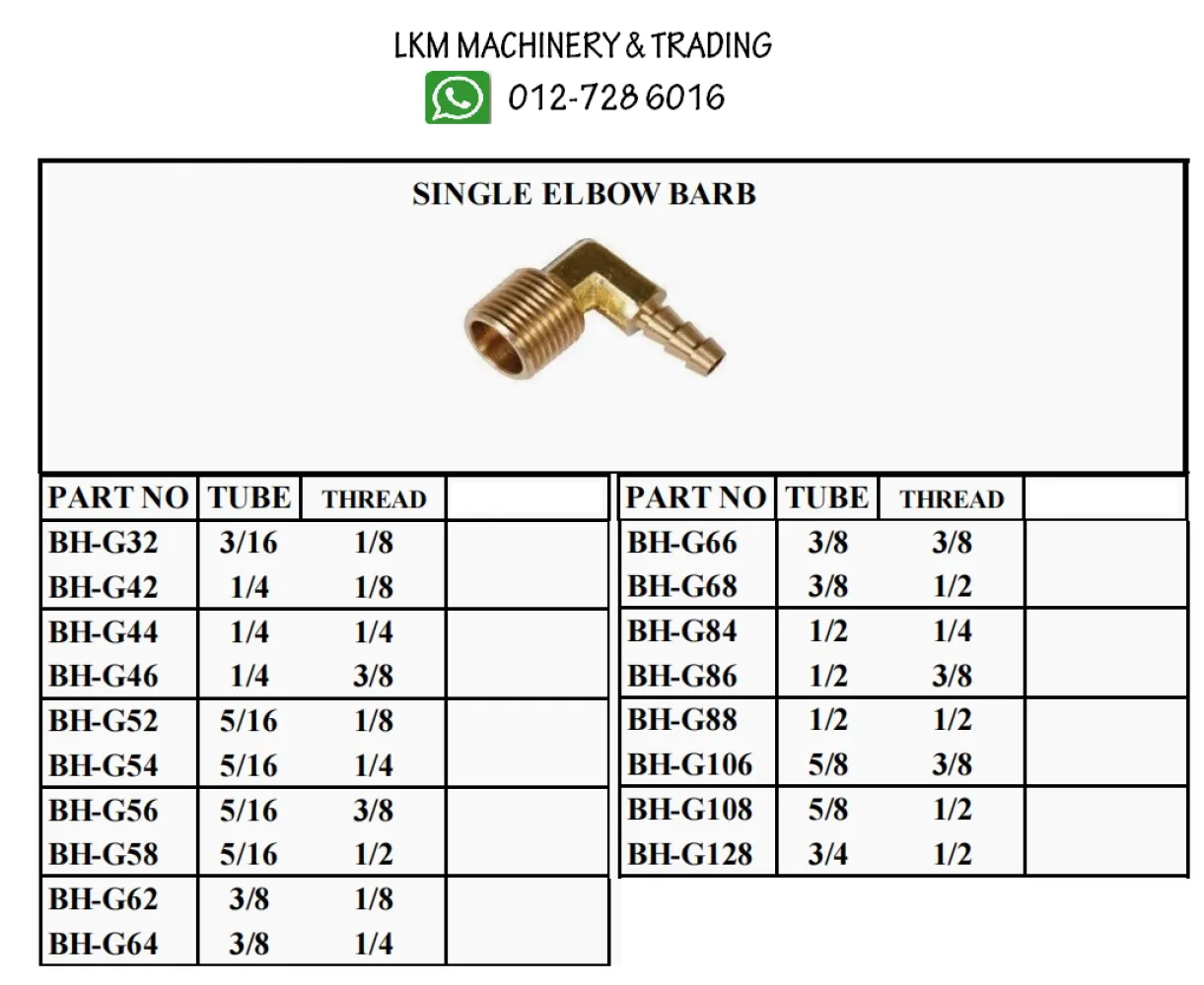 Brass Single Elbow Barb(Inch)