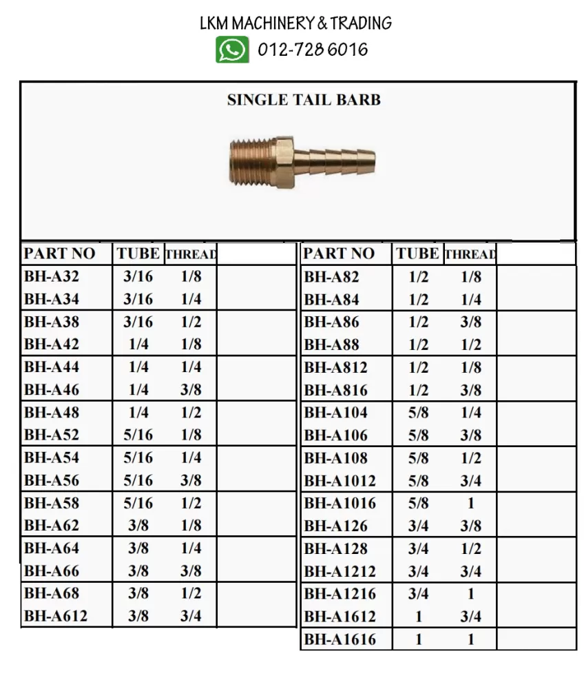 Brass Single Tail Barb(Inch) Fitting Brass Fitting Seremban, Negeri  Sembilan (NS), Malaysia Supplier, Suppliers, Supply, Supplies