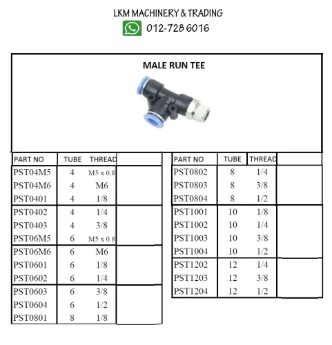 Pneumatic Fitting Push In - Male Run Tee