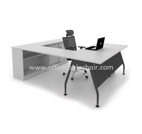 MADISON L-SHAPE OFFICE TABLE METAL A-LEG C/W STEEL MODESTY PANEL & LOW CABINET SET MA 88 GREY