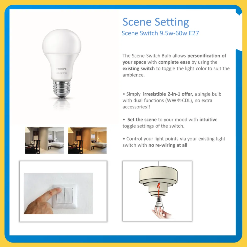 PHILIPS SCENE SWITCH 9-70W 220-240V 806LM A60 E27 3STEP EYECOMFORT GLS LED BULB 3K & 65K