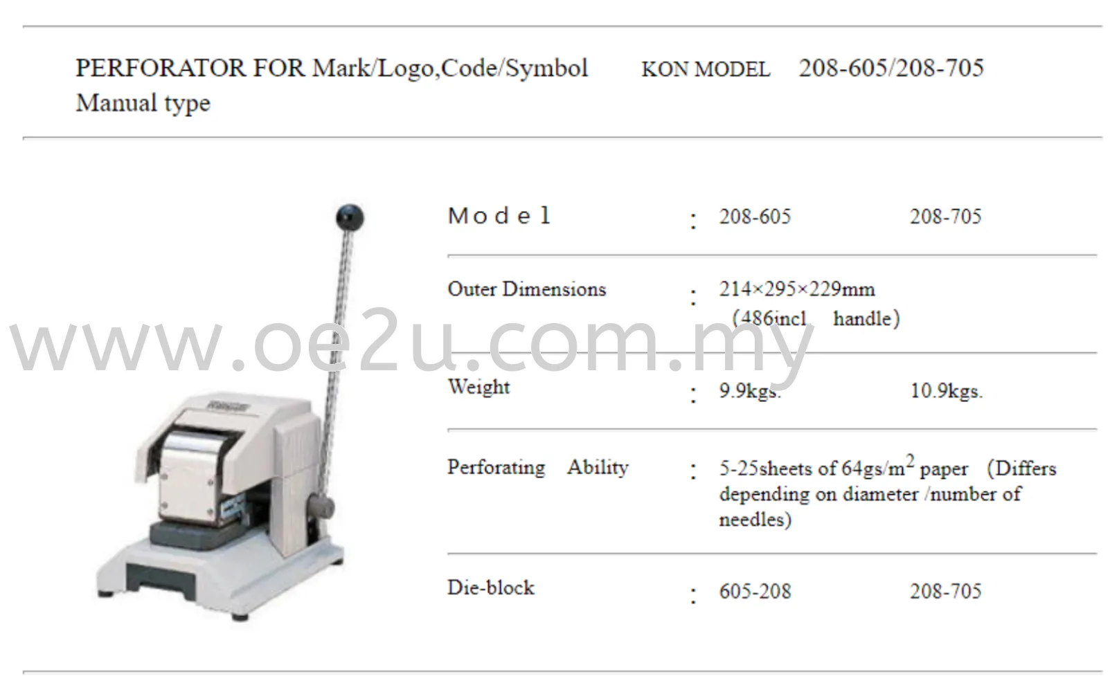 NEW KON 208-605 Manual Perforator (Single Line Fixed Perforation: Custom Logos / Codes / Symbols)