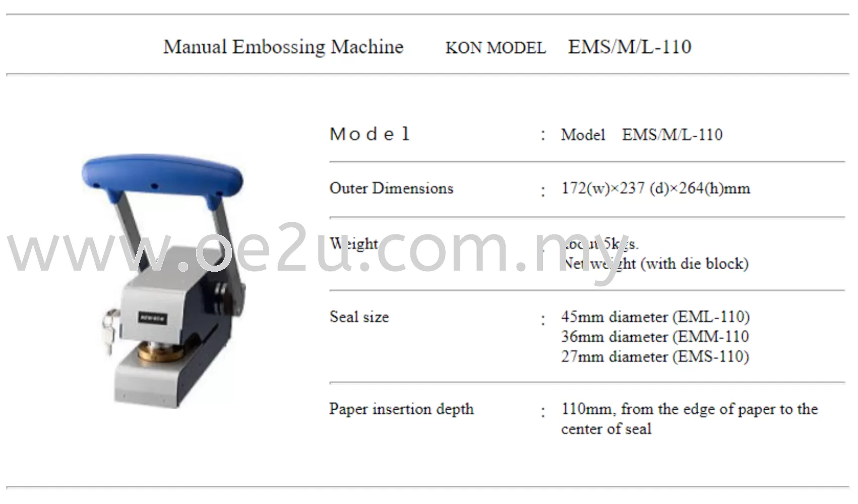 NEW KON EMM-110 Manual Embossing Machine (36mm Diameter of Impression Surface)