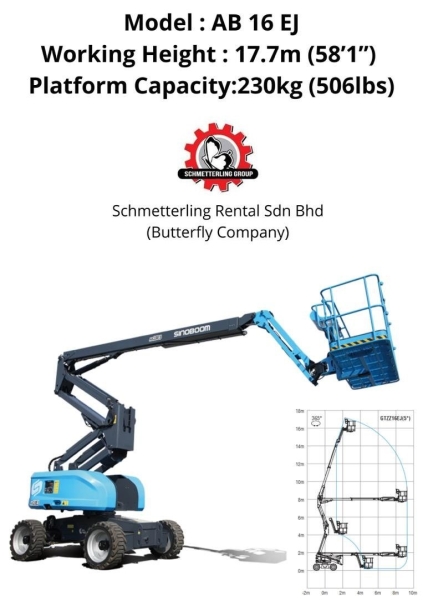 Brand New Boom Lift Rental In Malaysia AB16EJ Boom Lift Promotion Malaysia, Johor, Singapore, Selangor, Kuala Lumpur (KL), Penang Rental, Supplier | Schmetterling Rental Sdn Bhd