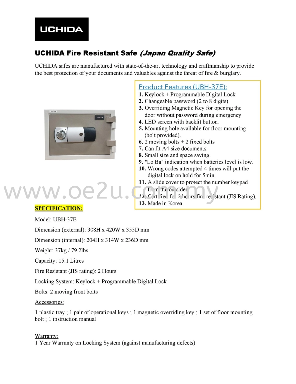 UCHIDA UBH-37E Fire Resistant Safe Box (Digital Lock)_37kg