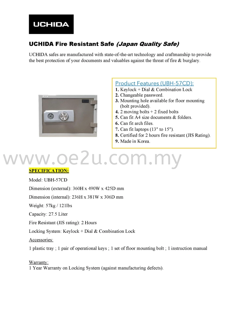 UCHIDA UBH-57CD Fire Resistant Safe Box (Dial Lock)_57kg