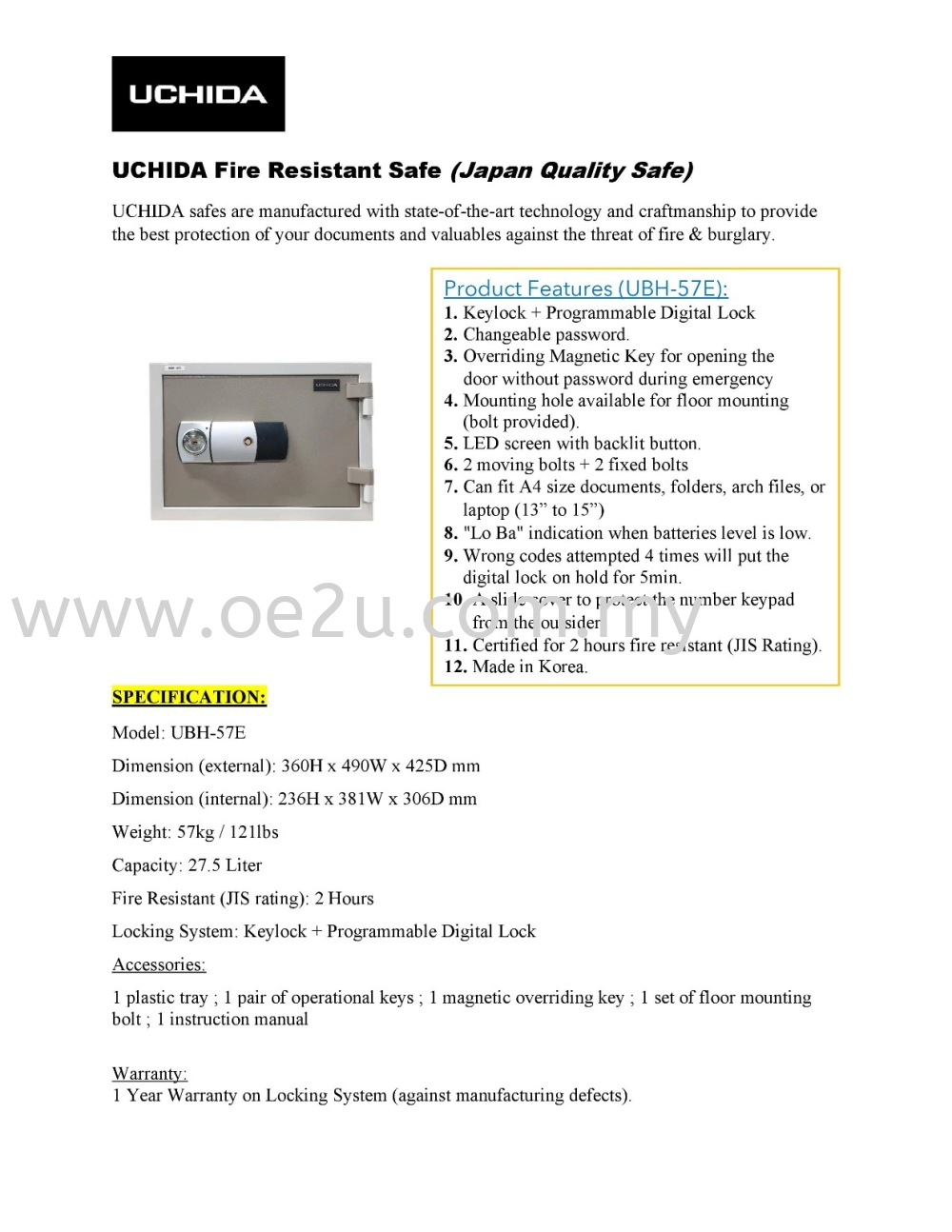 UCHIDA UBH-57E Fire Resistant Safe Box (Digital Lock)_57kg