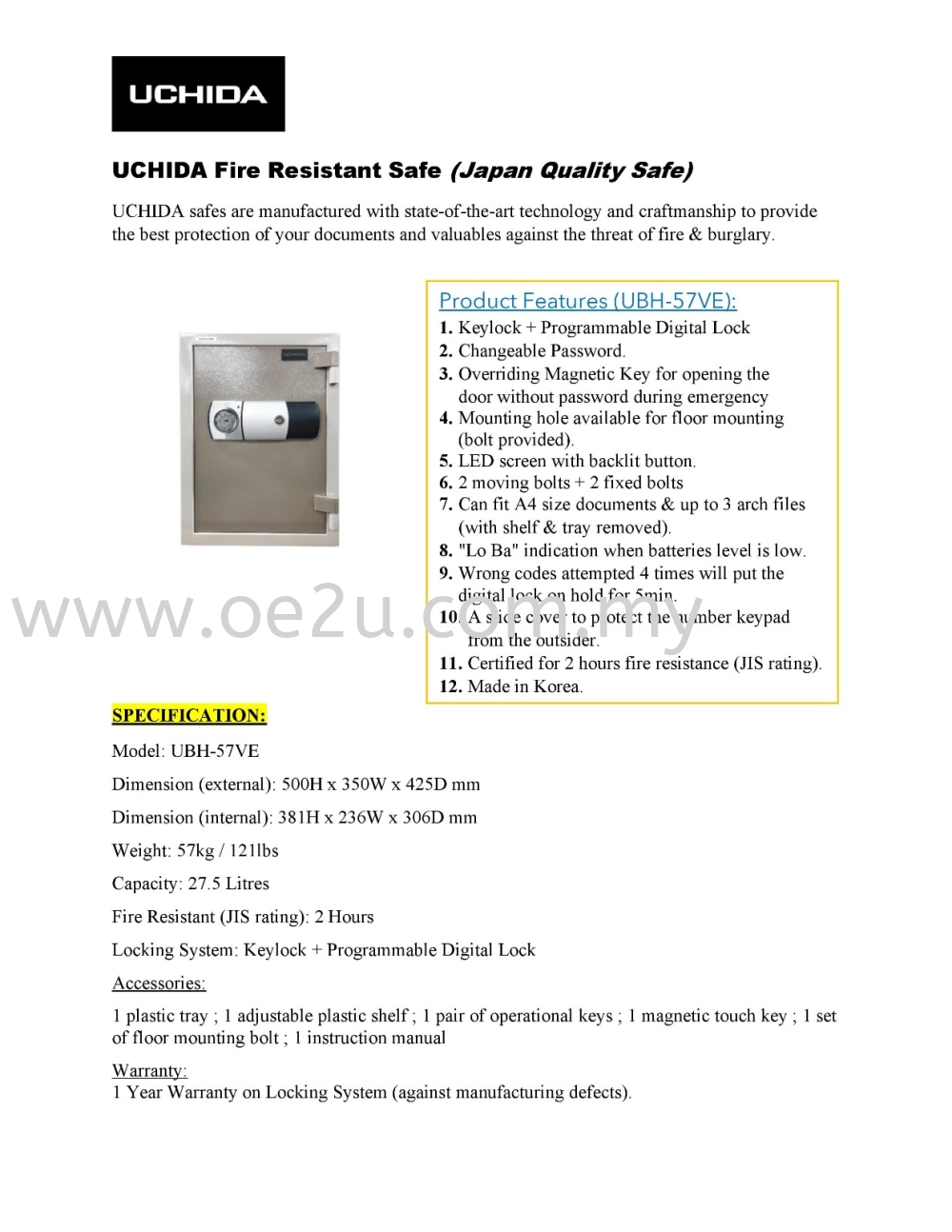 UCHIDA UBH-57VE Fire Resistant Safe Box (Digital Lock)_57kg