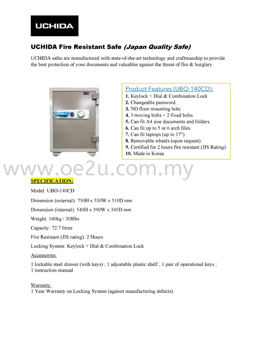 UCHIDA UBO-140CD Fire Resistant Safe Box (Dial Lock)_140kg