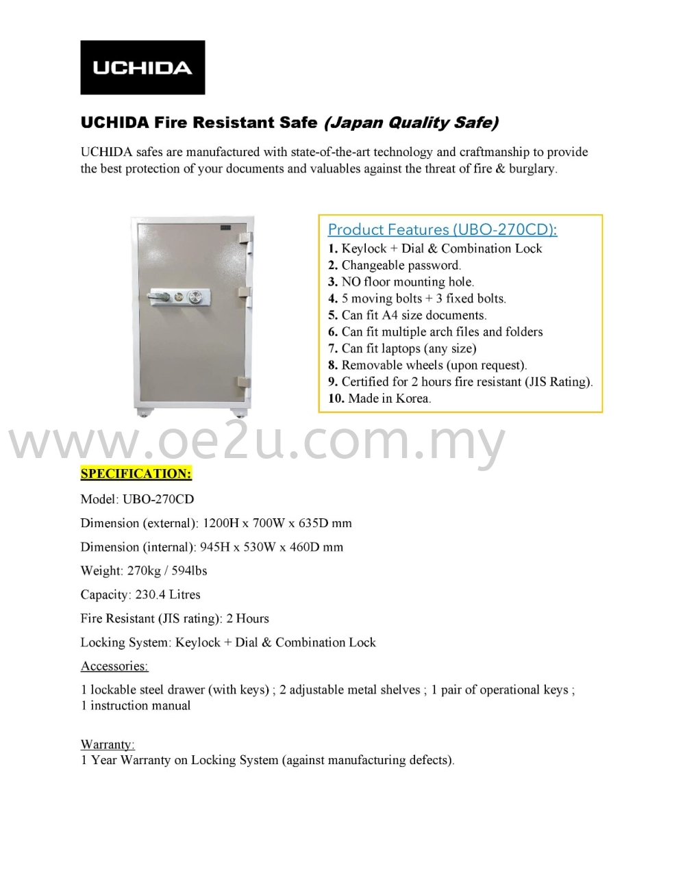 UCHIDA UBO-270CD Fire Resistant Safe Box (Dial Lock)_270kg