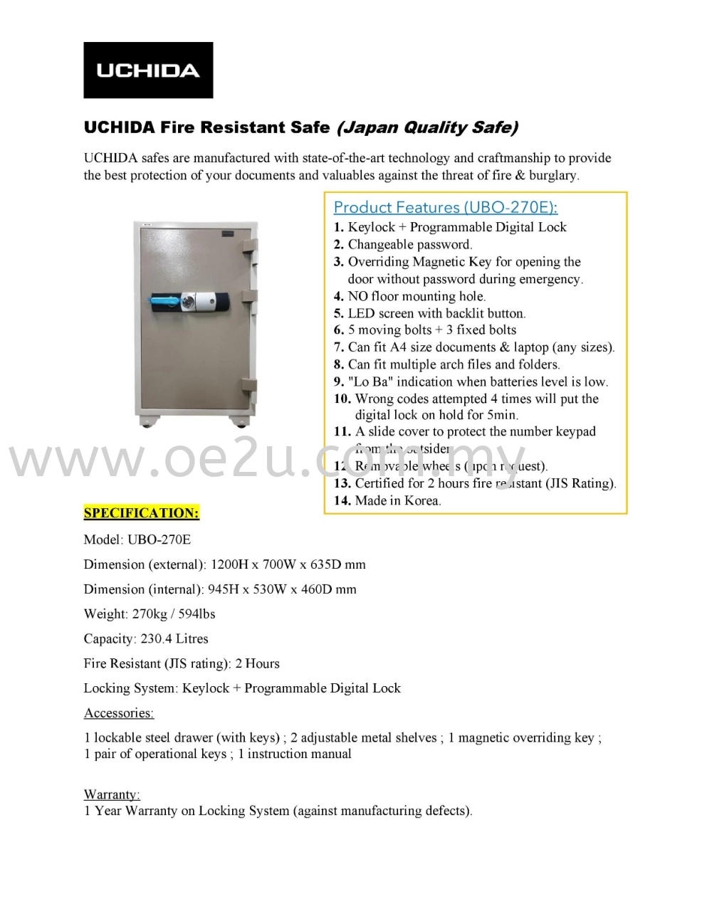 UCHIDA UBO-270E Fire Resistant Safe Box (Digital Lock)_270kg