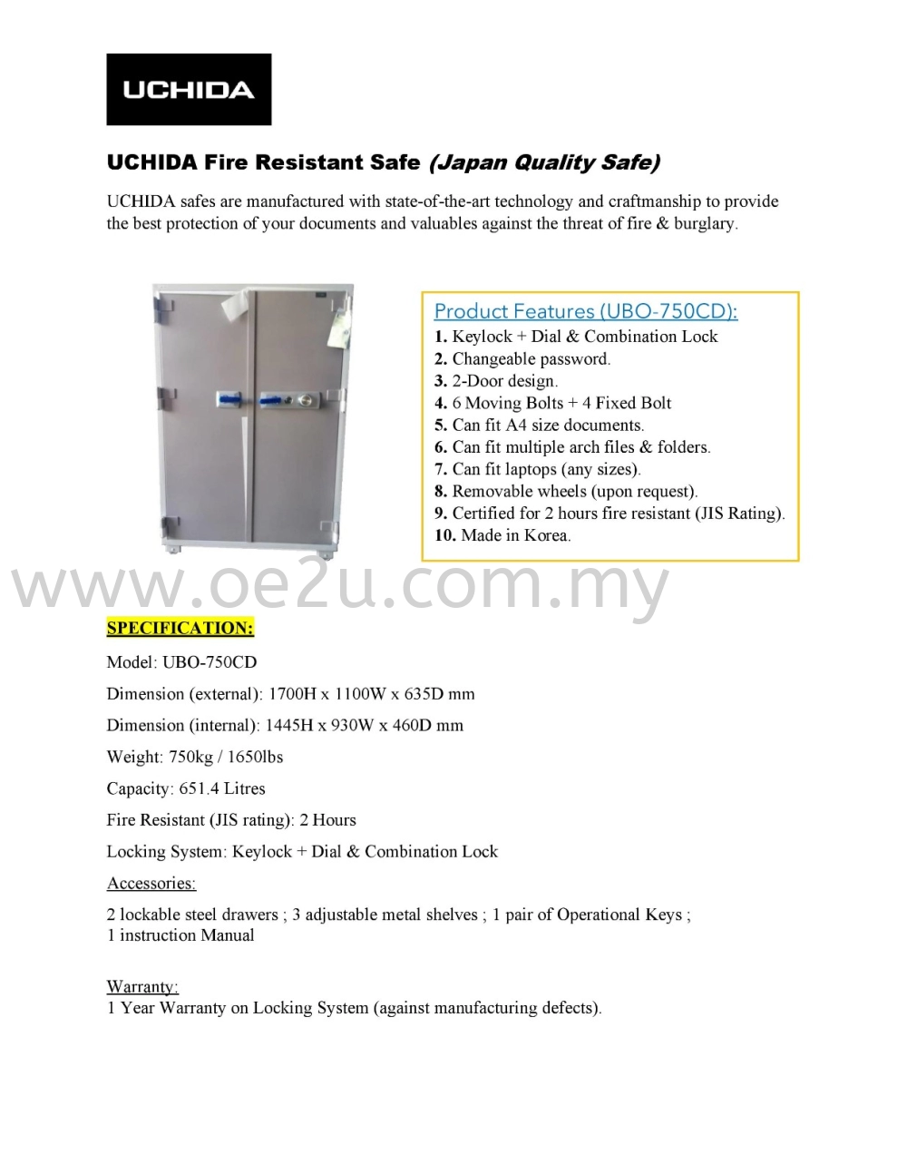UCHIDA UBO-750CD Fire Resistant 2-Door Safe Box (Dial Lock)_750kg