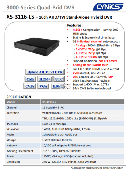 Cynics 2MP 16ch DVR X5-3116-LS Digital Video Recorder (DVR) Cynics CCTV System Perak, Ipoh, Malaysia Installation, Supplier, Supply, Supplies | Exces Sales & Services Sdn Bhd