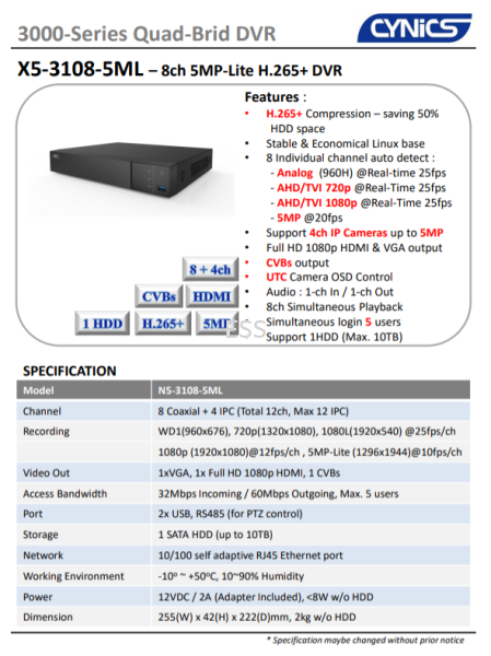 Cynics 5MP-Lite 8ch. DVR X5-3108-5ML Digital Video Recorder (DVR) Cynics CCTV System Perak, Ipoh, Malaysia Installation, Supplier, Supply, Supplies | Exces Sales & Services Sdn Bhd