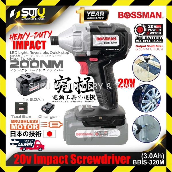 BOSSMAN BBIS320M / BBIS-320M 20V 200Nm Cordless Impact Screwdriver with Brushless Motor (1x3.0Ah BATTERY + CHARGER) Drill , Impact Drill , Impact Wrench , Screwdriver , Engraver Power Tool Kuala Lumpur (KL), Malaysia, Selangor, Setapak Supplier, Suppliers, Supply, Supplies | Sui U Machinery & Tools (M) Sdn Bhd