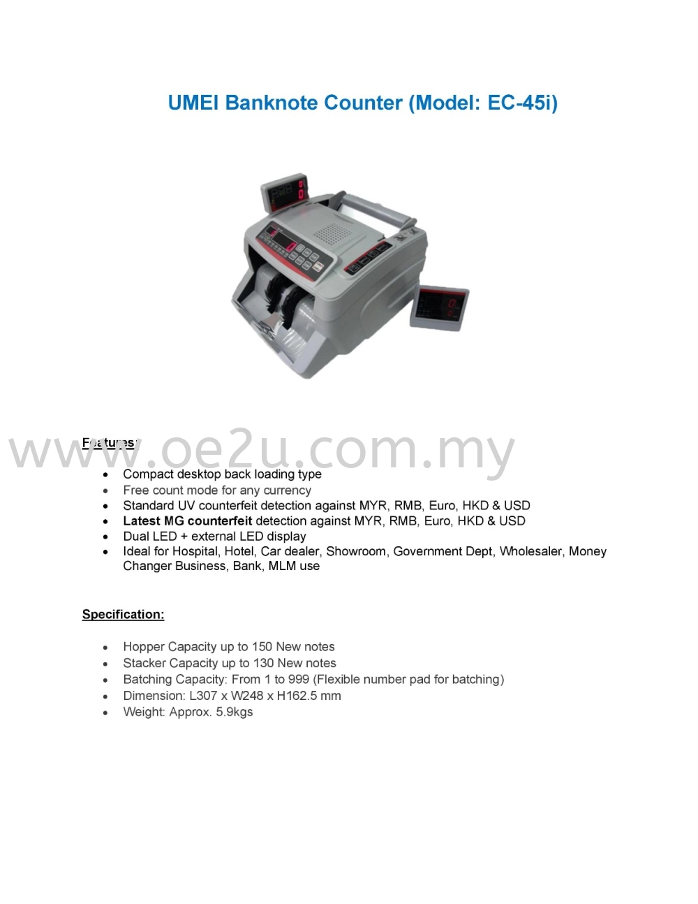 UMEI EC-45i Banknote Counter (Back Loading & Quantity Count)