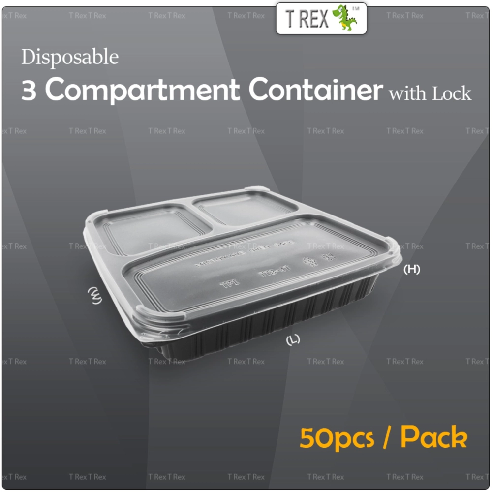 50pcs Disposable 3 Compartment Container With Lock