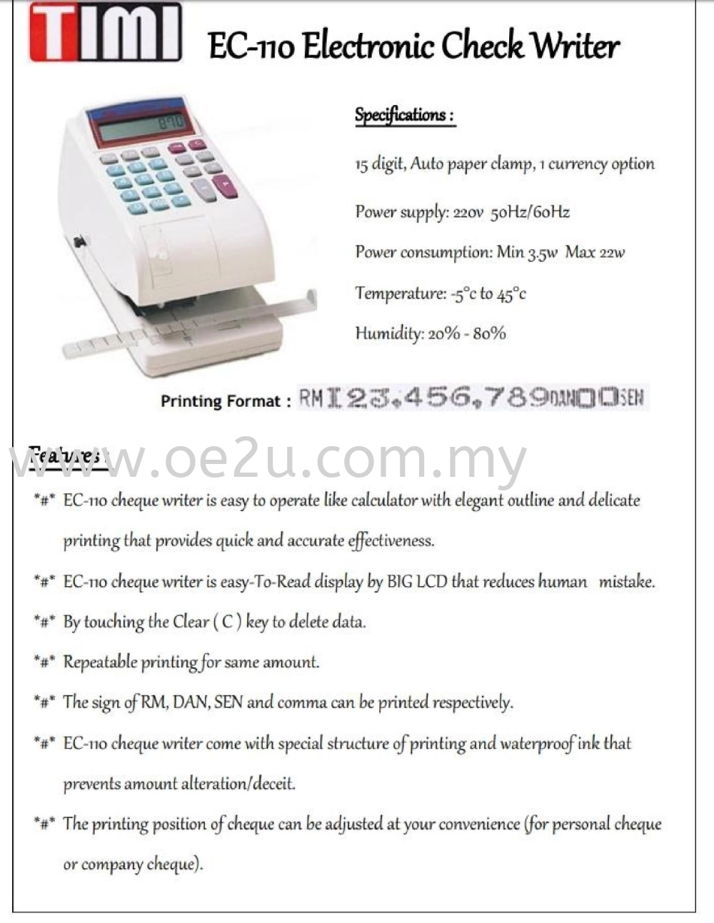 TIMI EC-110 Electronic Cheque Writer