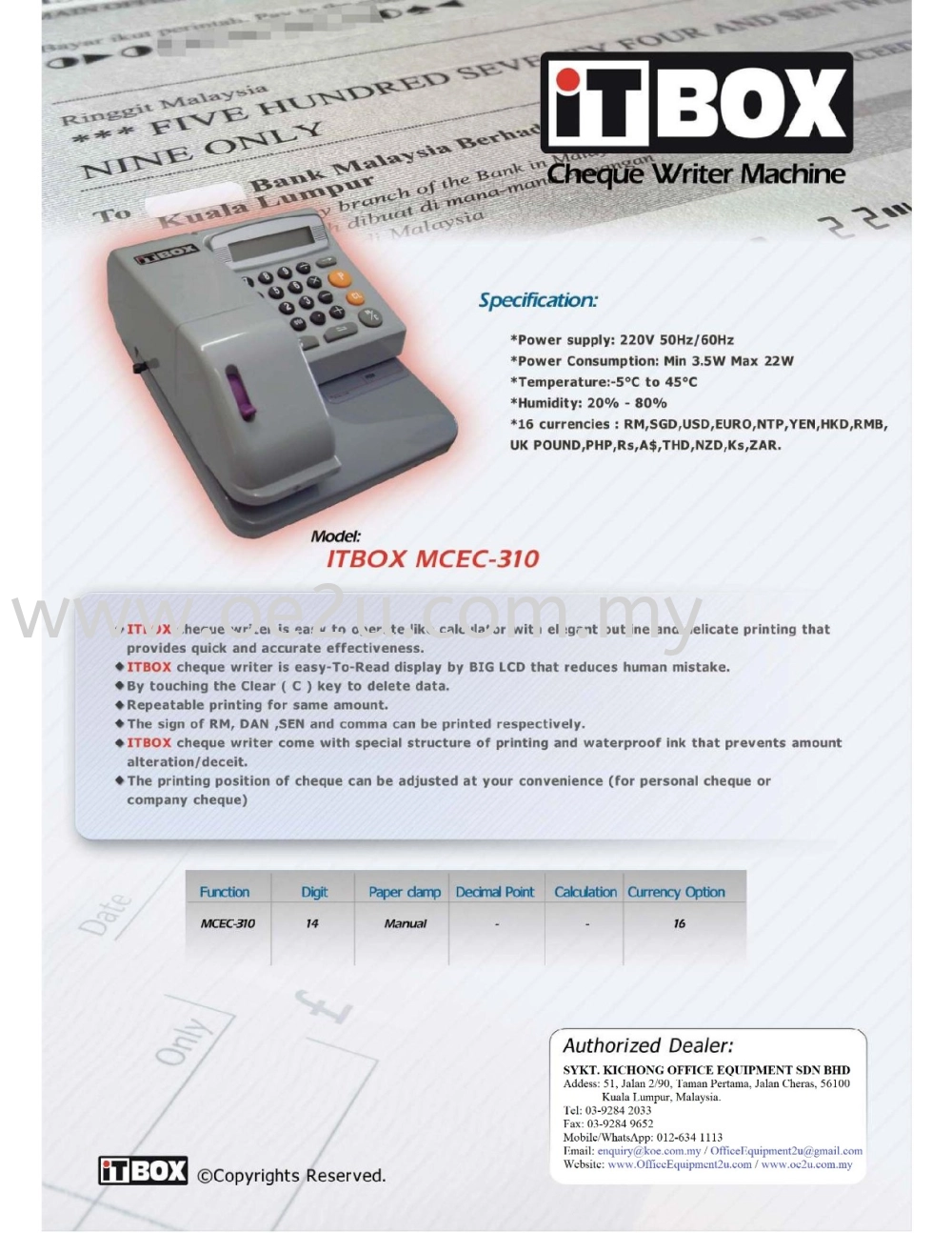 iTBOX MCEC-310 Electronic Cheque Writer (Multi Currency)