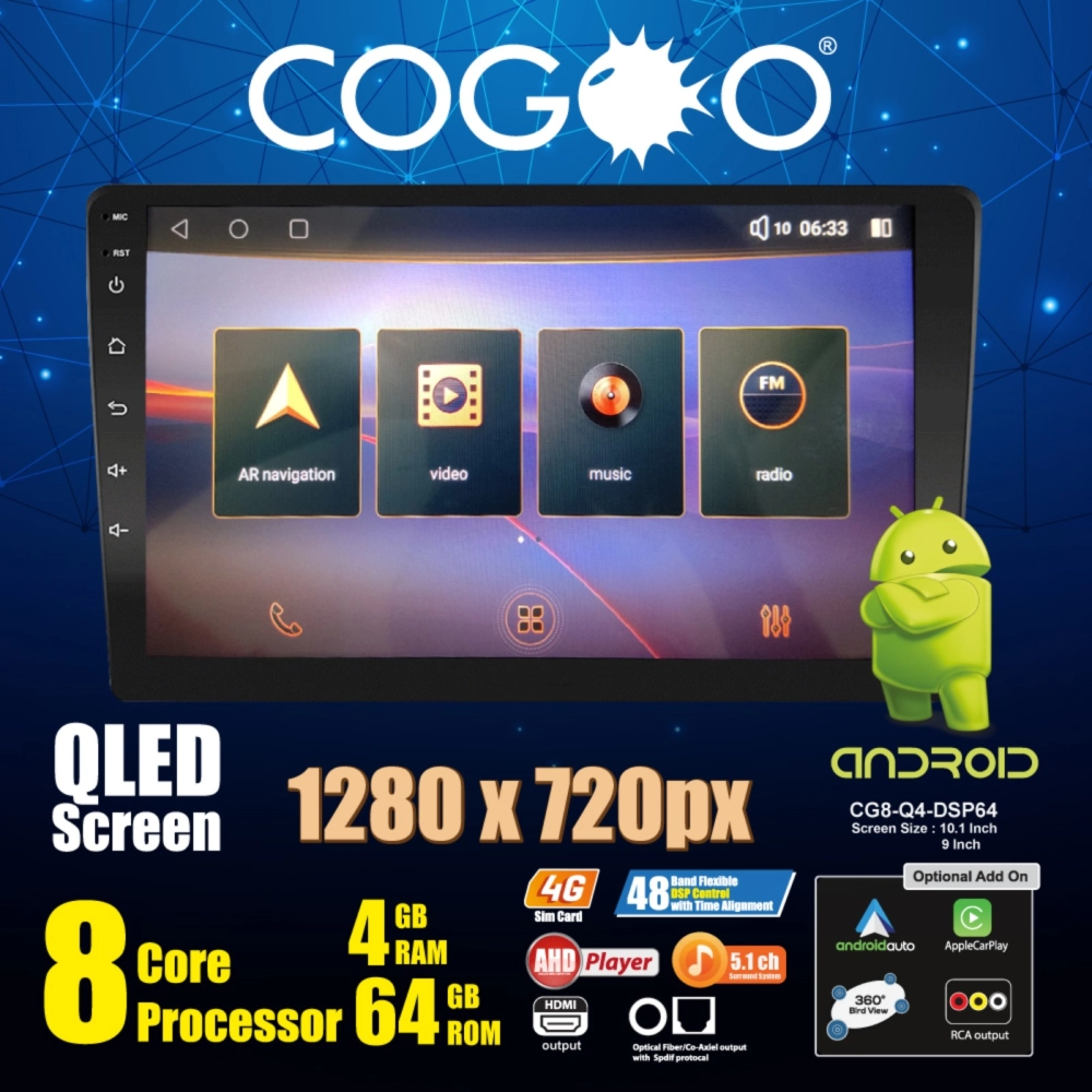Cogoo 9 or 10.1 Inch Android GPS QLED 1280 x 720p HD Player 8 Core 4GB RAM  + 64GB ROM + 4G Sim Slot - CG8-010Q4-DSP64 / CG8-009Q4-DSP64 Car Video  Android Player