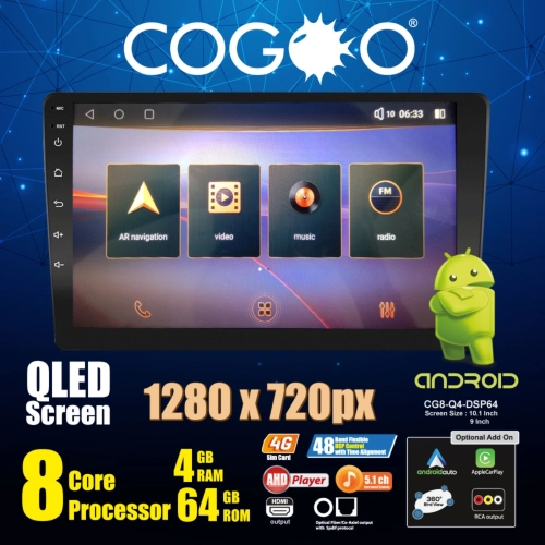 Cogoo 9 or 10.1 Inch Android GPS QLED 1280 x 720p HD Player 8 Core 4GB RAM + 64GB ROM + 4G Sim Slot - CG8-010Q4-DSP64 / CG8-009Q4-DSP64