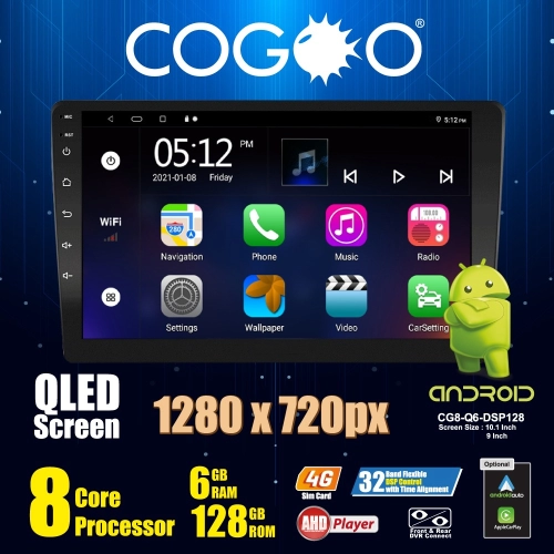 Cogoo CG8 9 or 10.1 Inch Android GPS QLED 1280 x 720p HD Player 8 Core 6GB RAM + 128GB ROM + 4G Sim Slot - CG8-010Q6-DSP128 / CG8-009Q6-DSP128