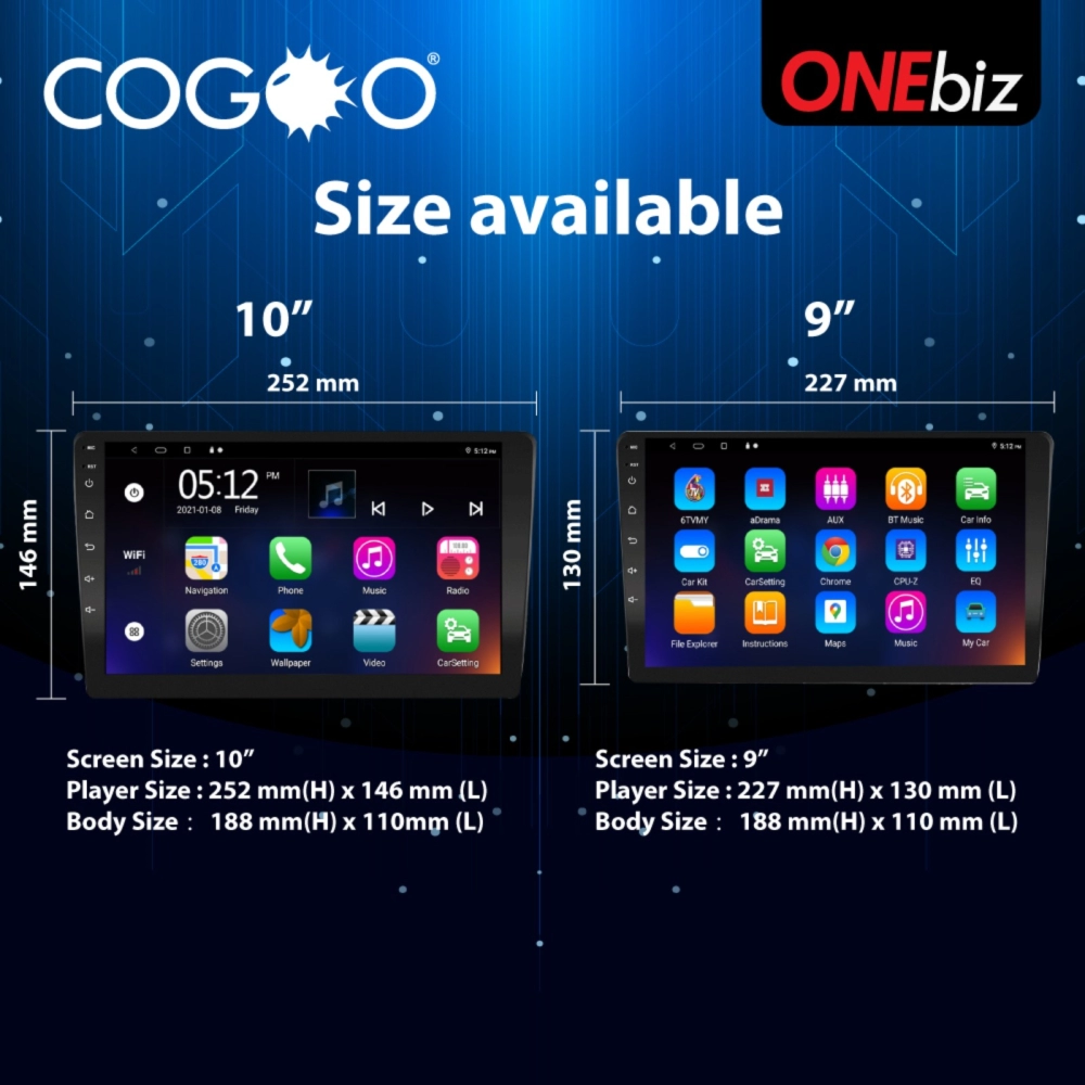 Cogoo CG8 9 or 10.1 Inch Android GPS QLED 1280 x 720p HD Player 8 Core 6GB RAM + 128GB ROM + 4G Sim Slot - CG8-010Q6-DSP128 / CG8-009Q6-DSP128