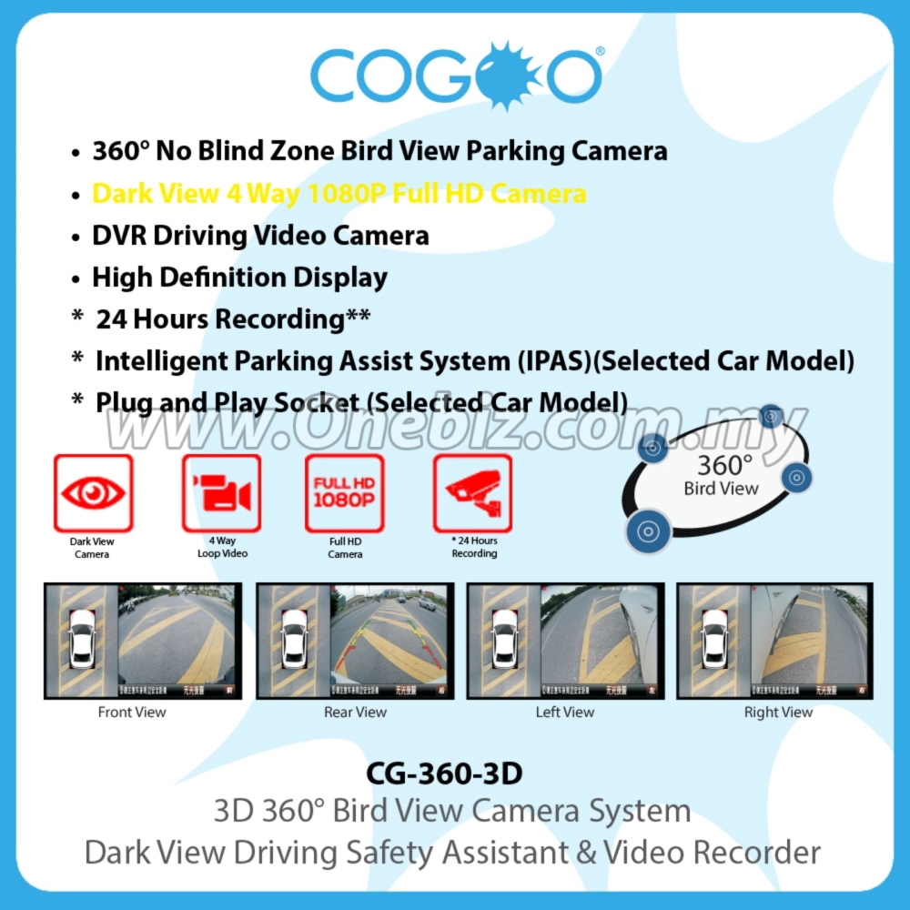 Cogoo 3D Dark View 360 Bird View Camera System Driving Safety Assistant & Video Recorder -CG-360-3D