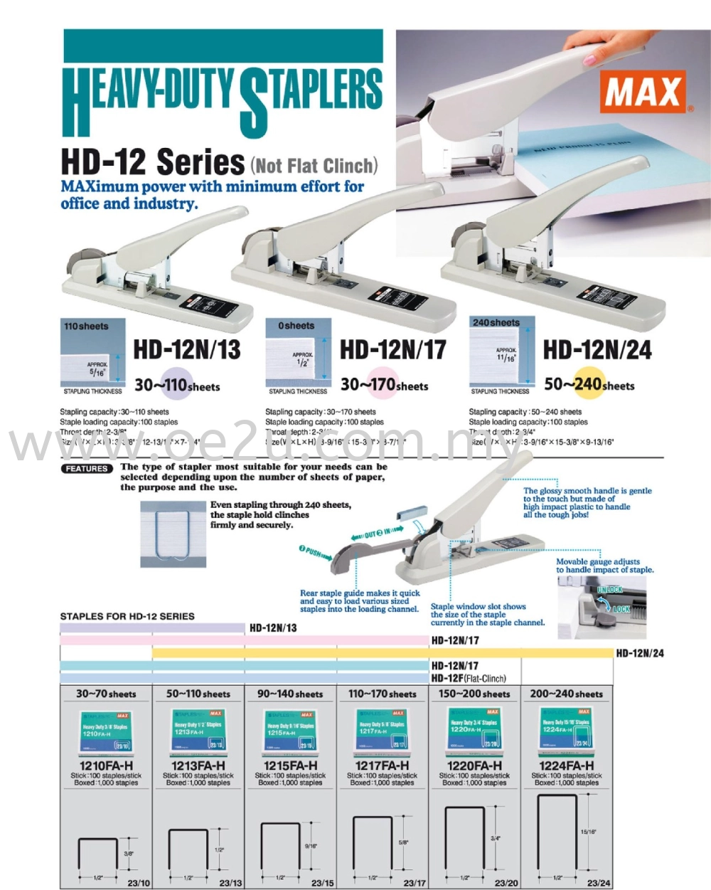 MAX HD-12N/24 Heavy-Duty Manual Stapler (Stapling Capacity: 50-240 sheets)