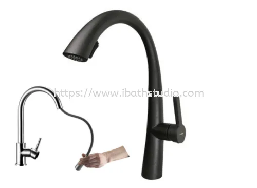 HCE BLACK TAP-KITCHEN TAP-PULL OUT PILLAR SINK MIXER-METALLIC BLACK-STAINLESS STEEL-SFK-831(HC)