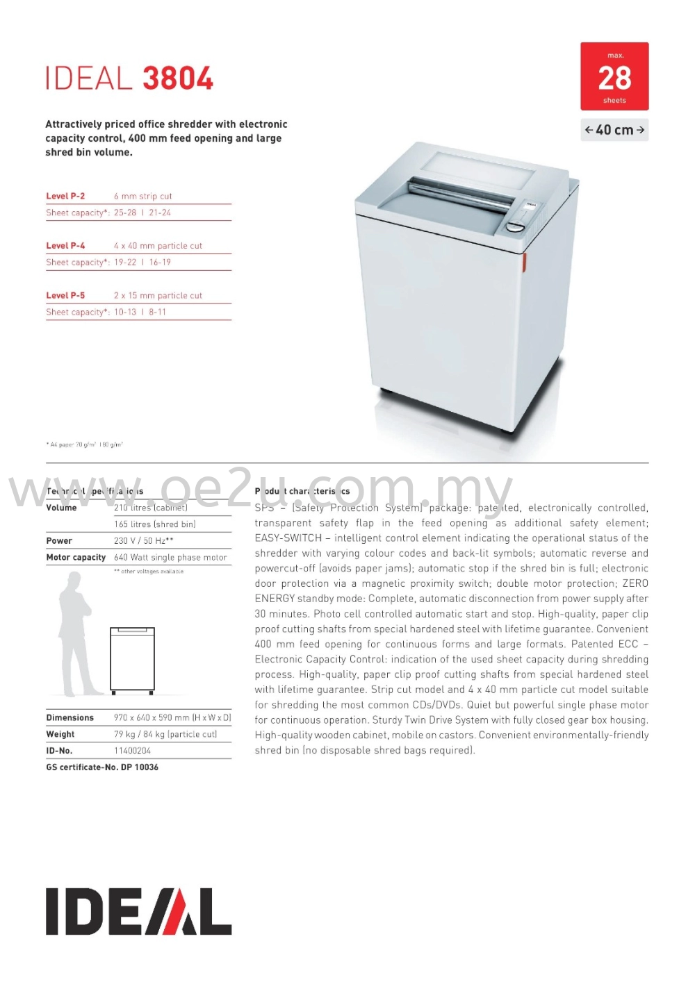 IDEAL 3804 Paper Shredder (Shred Capacity: 25-28 Sheets, Strip Cut: 6mm, Bin Capacity: 165 Liters)_Made in Germany