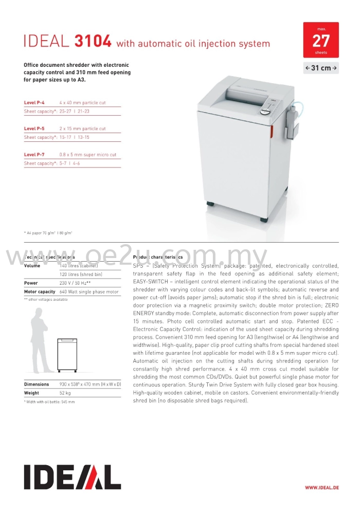 IDEAL 3104 CC Auto-Oiler Paper Shredder (Micro Cut: 2x15mm, Bin Capacity:  120 Liters)_Made In Germany OFFICE AUTOMATION / BUSINESS MACHINE Paper  Shredder Large Office Paper Shredder (Departmental Use & Heavy Duty) Kuala