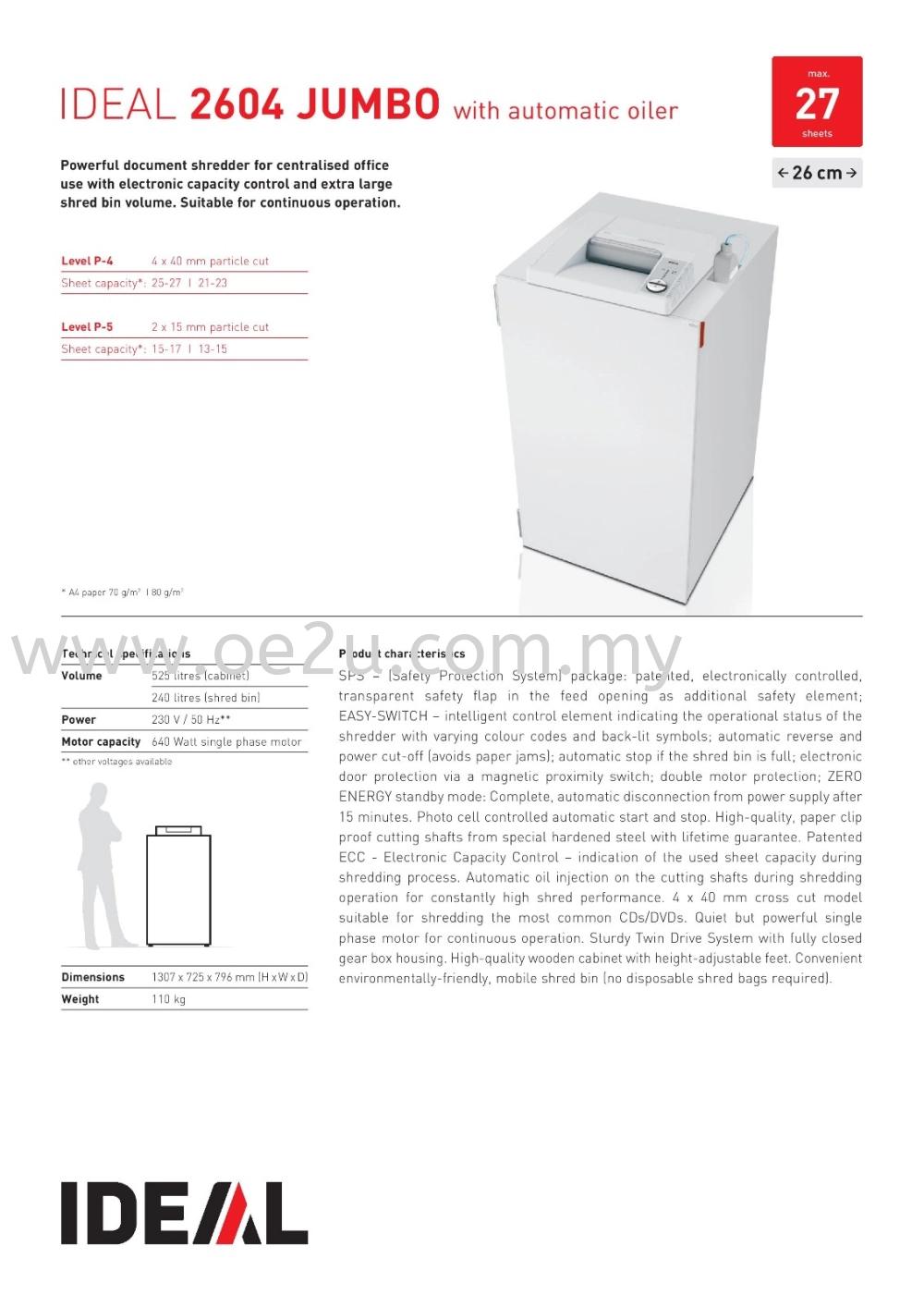 IDEAL 2604 CC JUMBO Auto-Oiler Paper Shredder (Shred Capacity: 25-27 Sheets, Cross Cut: 4x40mm, Bin Capacity: 240 Liters)_Made in Germany