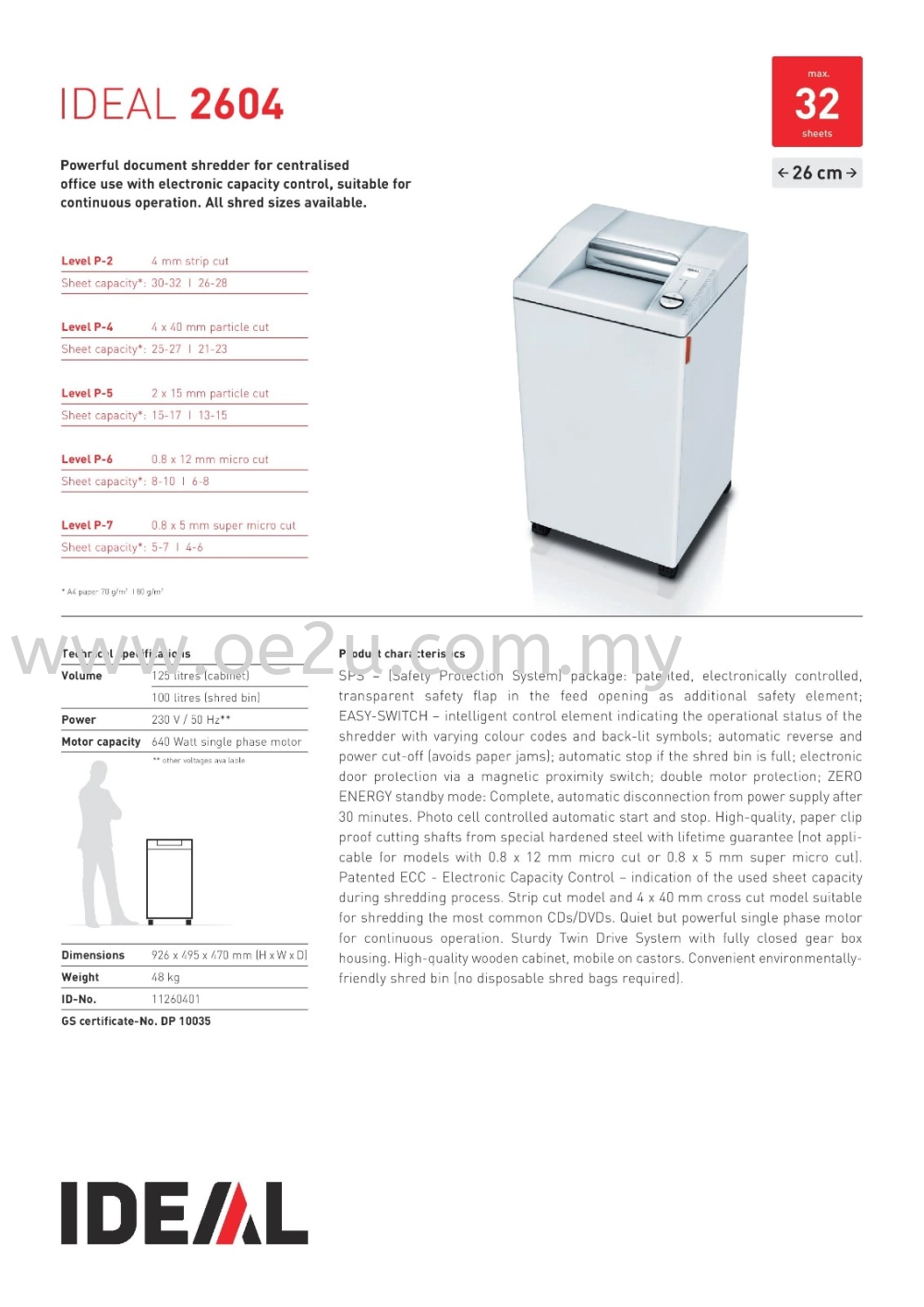 IDEAL 2604 Paper Shredder (Shred Capacity: 30-32 Sheets, Strip Cut: 4mm, Bin Capacity: 100 Liters)_Made in Germany