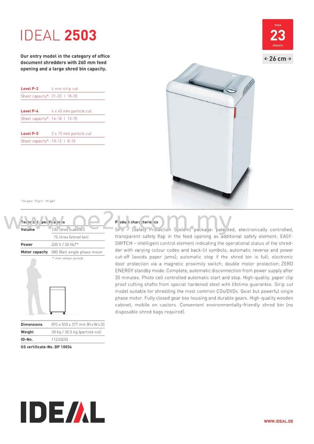 IDEAL 2503 CC Paper Shredder (Shred Capacity: 16-18 Sheets, Cross Cut: 4x40mm, Bin Capacity: 75 Liters)_Made in Germany