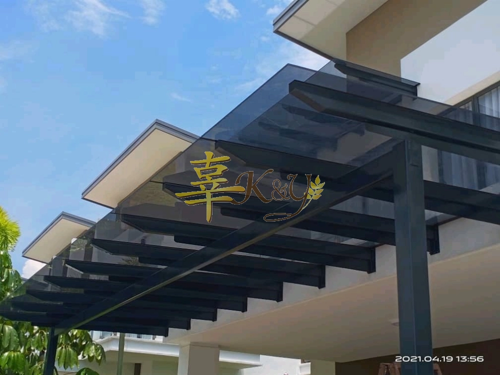 Mild Steel T-bar Hollow Laminate Glass Roof Awning -Frame Ms 2x4(1.9)Hollow, Bean Ms 2x5(2.3) , Pillar Ms 4x4(1.9) Hollow