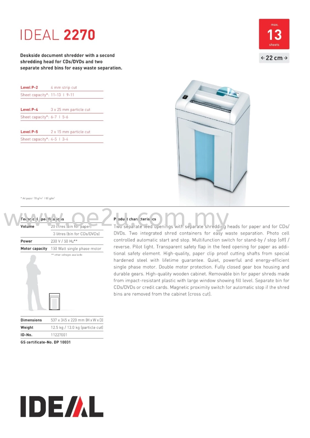 IDEAL 2270 CC Paper Shredder (Shred Capacity: 6-7 Sheets, Cross Cut: 3x25mm, Bin Capacity: 20 Liters)_Made in Germany