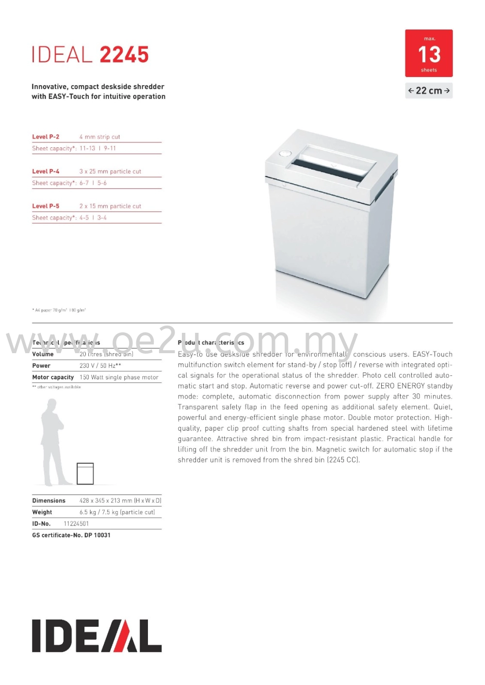 IDEAL 2245 Paper Shredder (Shred Capacity: 11-13 Sheets, Strip Cut: 4mm, Bin Capacity: 20 Liters)_Made in Germany