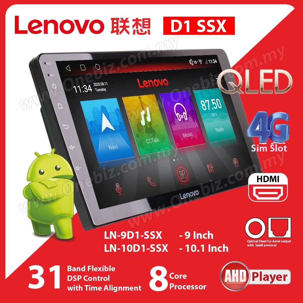 Lenovo D1 SXX 9 or 10.1 Inch Android GPS HD Player 8 Core Processor with QLED Screen + 4GB RAM + 64GB ROM + DSP Setting + 4G Sim Card Slot + 4HDMI + AHD - LN-9D1-SSX / LN-10D1-SSX