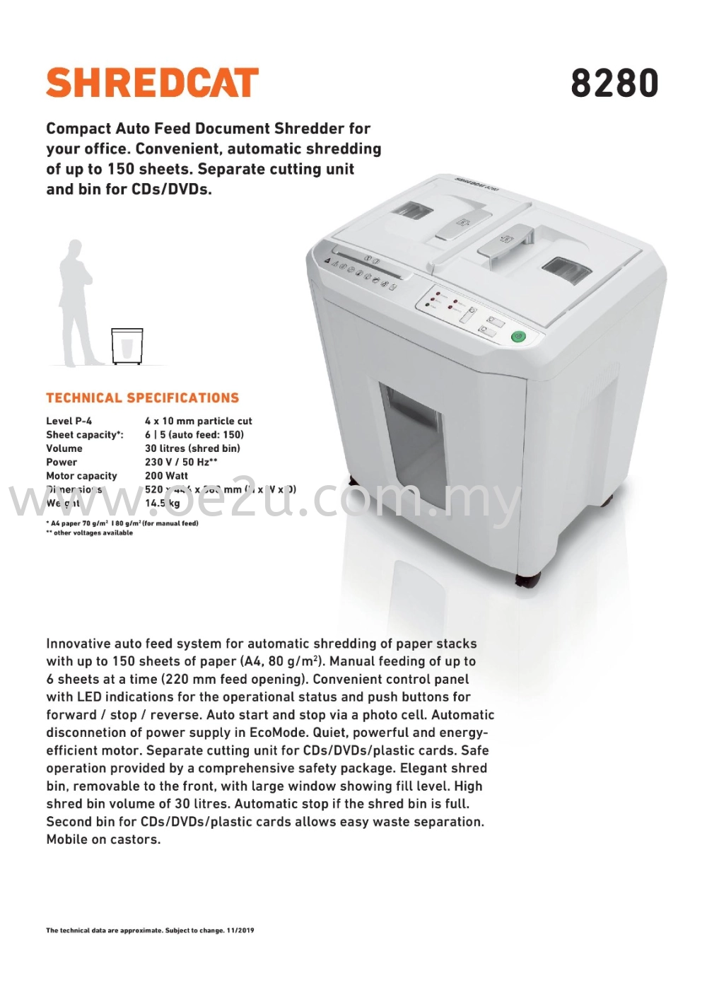 IDEAL Shredcat 8280 CC Auto Feed Paper Shredder (Shred Capacity: 150 Sheets, Cross Cut: 4x10mm, Bin Capacity: 30 Liters)