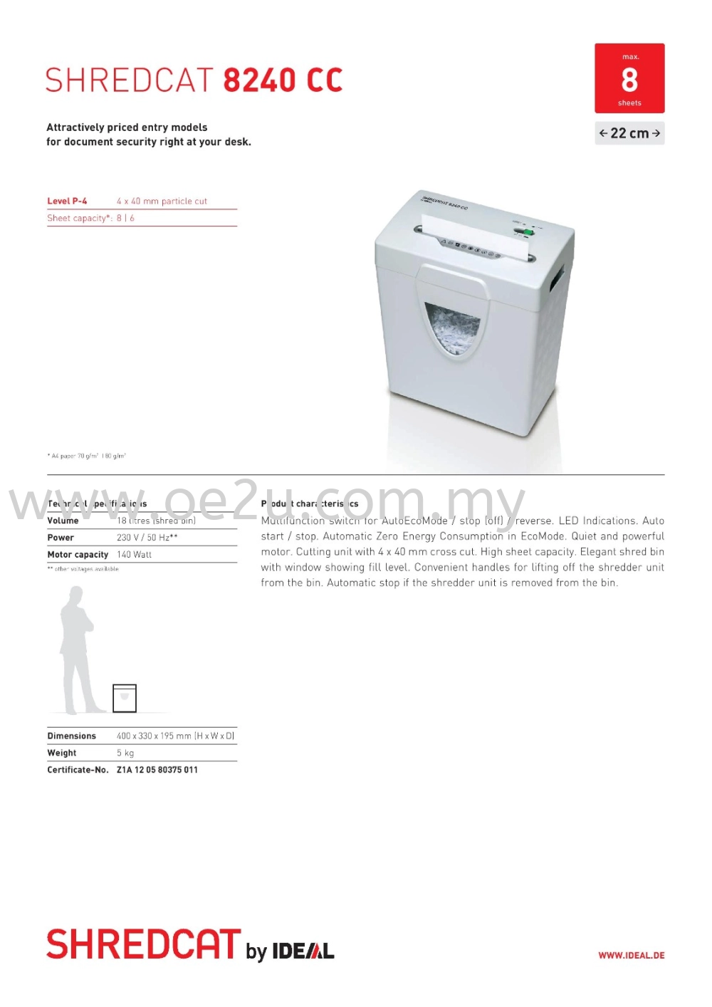 IDEAL Shredcat 8240 CC Paper Shredder (Shred Capacity: 8 Sheets, Cross Cut: 4x40mm, Bin Capacity: 18 Liters)