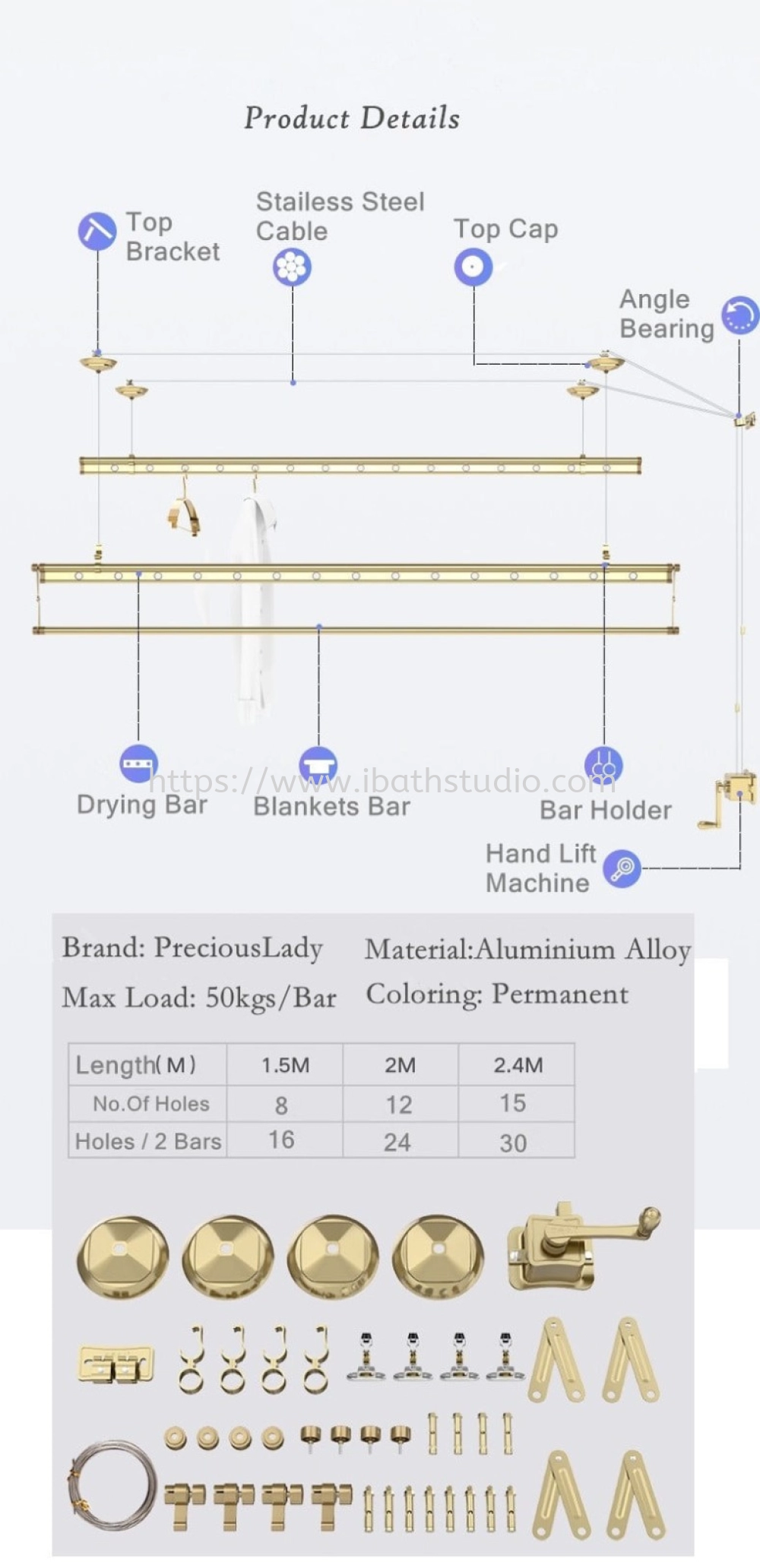 PRECIOUS LADY PL03 G Ceiling Series Aluminium Hand Lift Drying Rack