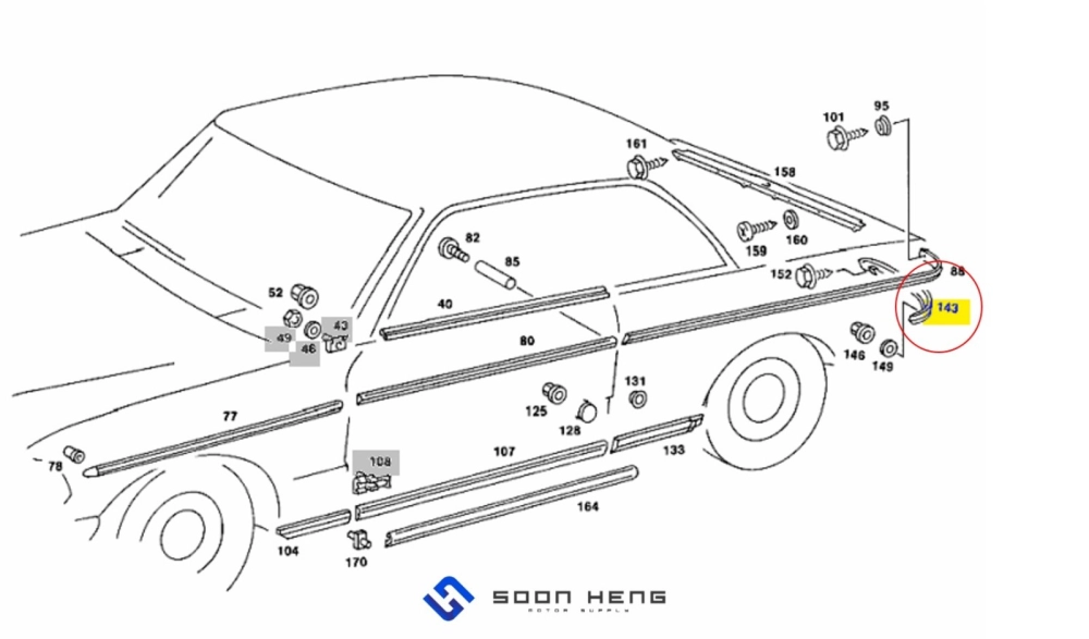 Mercedes-Benz W123 and C123 - Rear Right Ledge Below Tail Lamp with Chrome (Schuman)