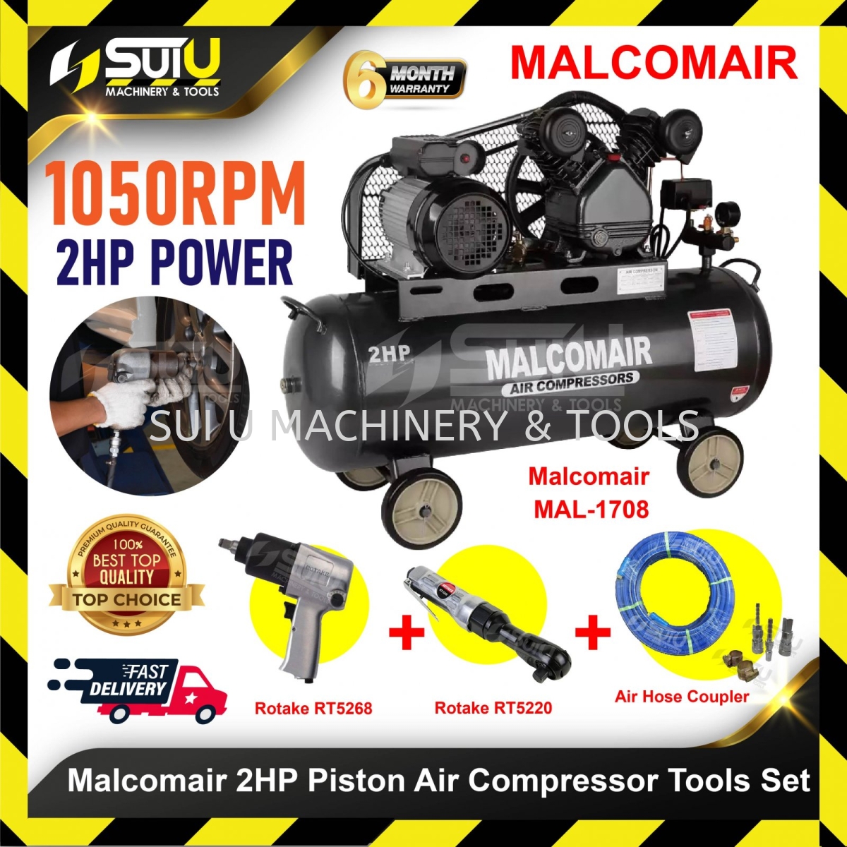 MALCOMAIR MAL1708 2HP 100L Air Compressor + Air Hose Coupler + ROTAKE  RT5220 + RT5268 Piston