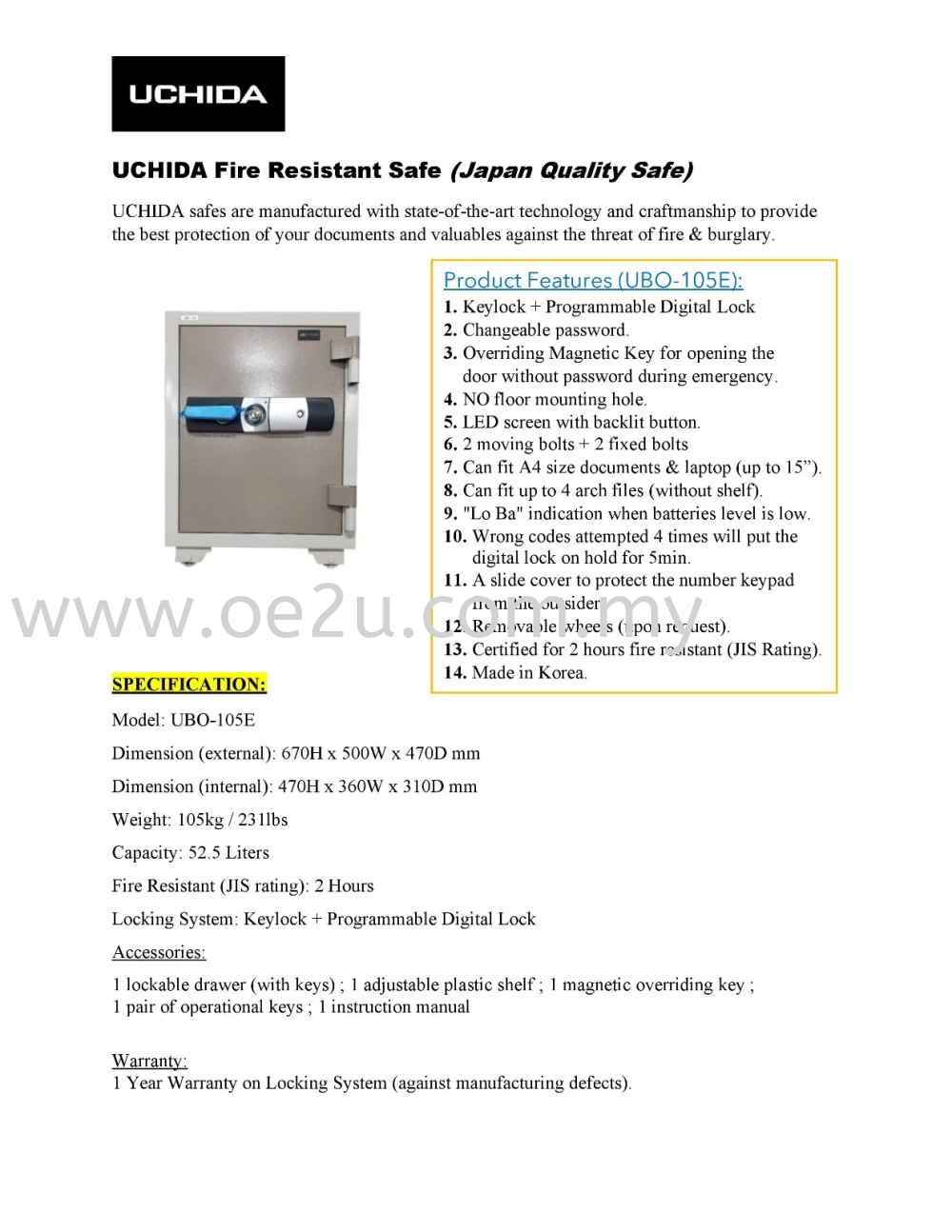 UCHIDA UBO-105E Fire Resistant Safe Box with Envelope Slot (Digital Lock)_105kg