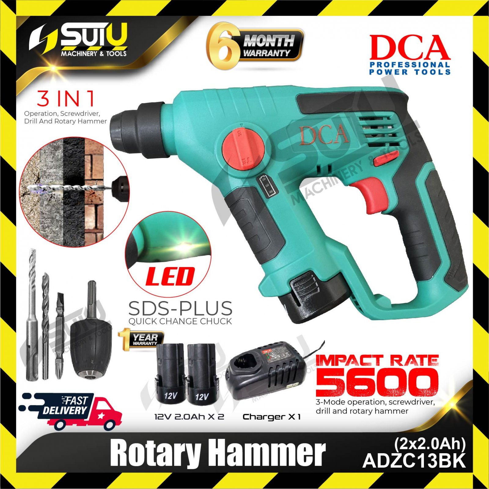 DCA ADZC13BK 12V Rotary Hammer 900rpm with 2 x 2.0Ah Batteries + 1