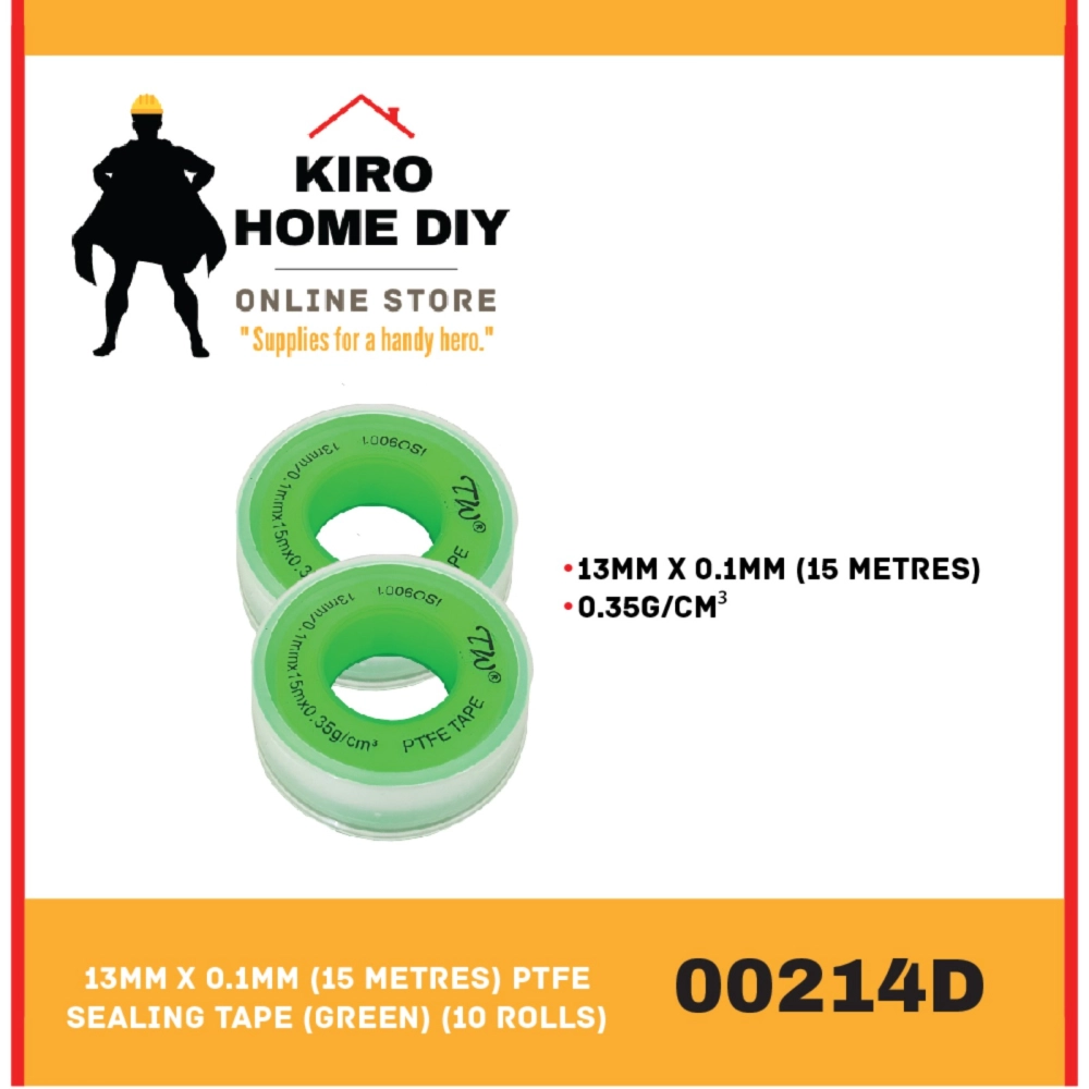 13mm x 0.1mm (15 metres) PTFE Sealing Tape (Green) (10 Rolls) - 00214D