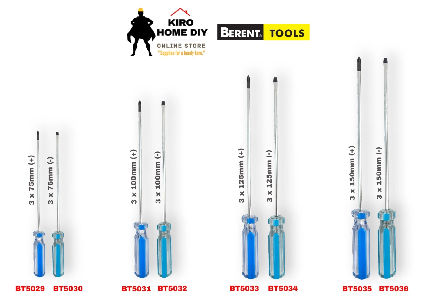 BERENT 3x75, 3x100, 3x125, 3x150, 6x100, 6x125mm (+/-) Crystal Hand Screwdriver  - BT5029/ BT5030/ BT5031/ BT5032/ BT5033/ BT5034/ BT5035/ BT5036/ BT5043/ BT5044/ BT5045/ BT5046