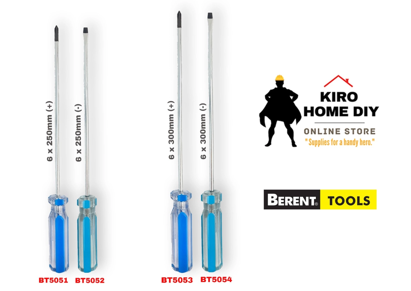 BERENT 3x75, 3x100, 3x125, 3x150, 6x100, 6x125mm (+/-) Crystal Hand Screwdriver  - BT5029/ BT5030/ BT5031/ BT5032/ BT5033/ BT5034/ BT5035/ BT5036/ BT5043/ BT5044/ BT5045/ BT5046